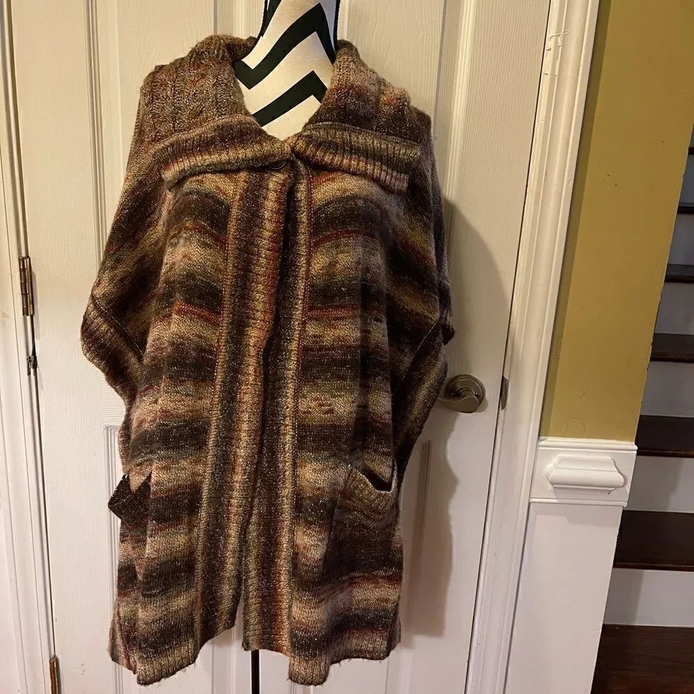 Jones New York Sweater multi fall colors Striped One Button Poncho Knit Boho OS